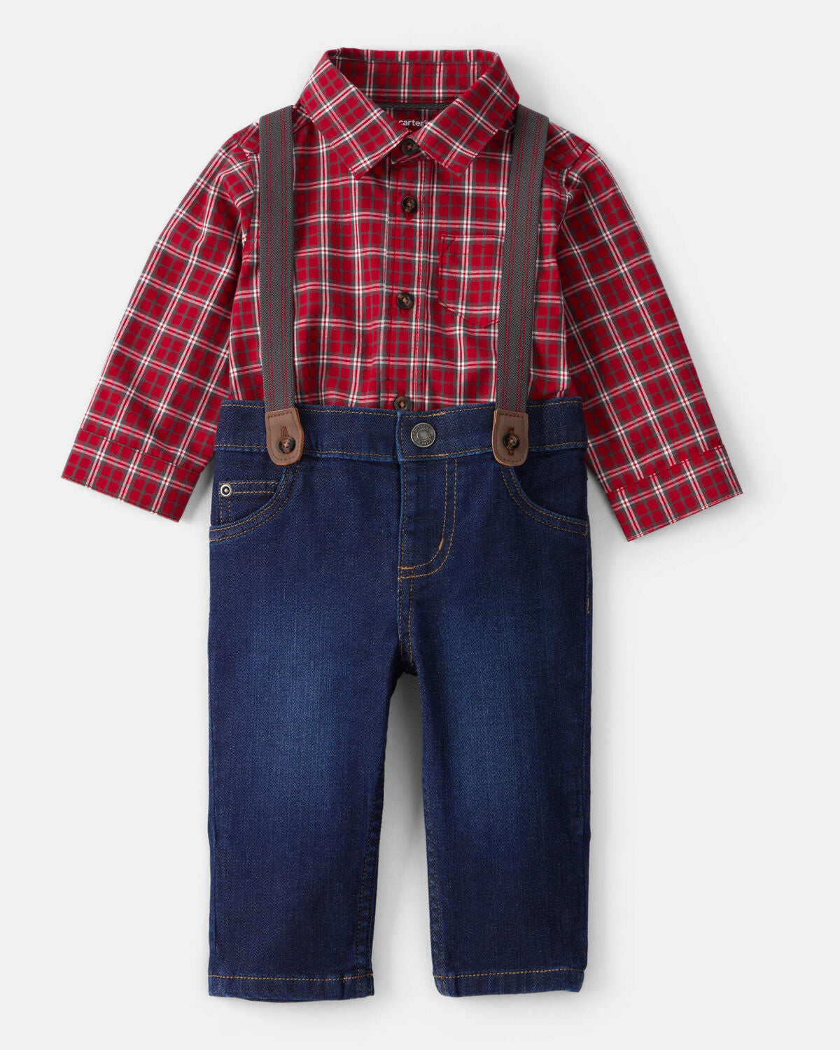 Baby Boy 3-Piece Plaid Print Long-Sleeve Shirt & Suspender Pant Set/Denim