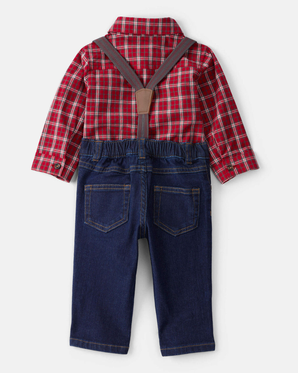Baby Boy 3-Piece Plaid Print Long-Sleeve Shirt & Suspender Pant Set/Denim