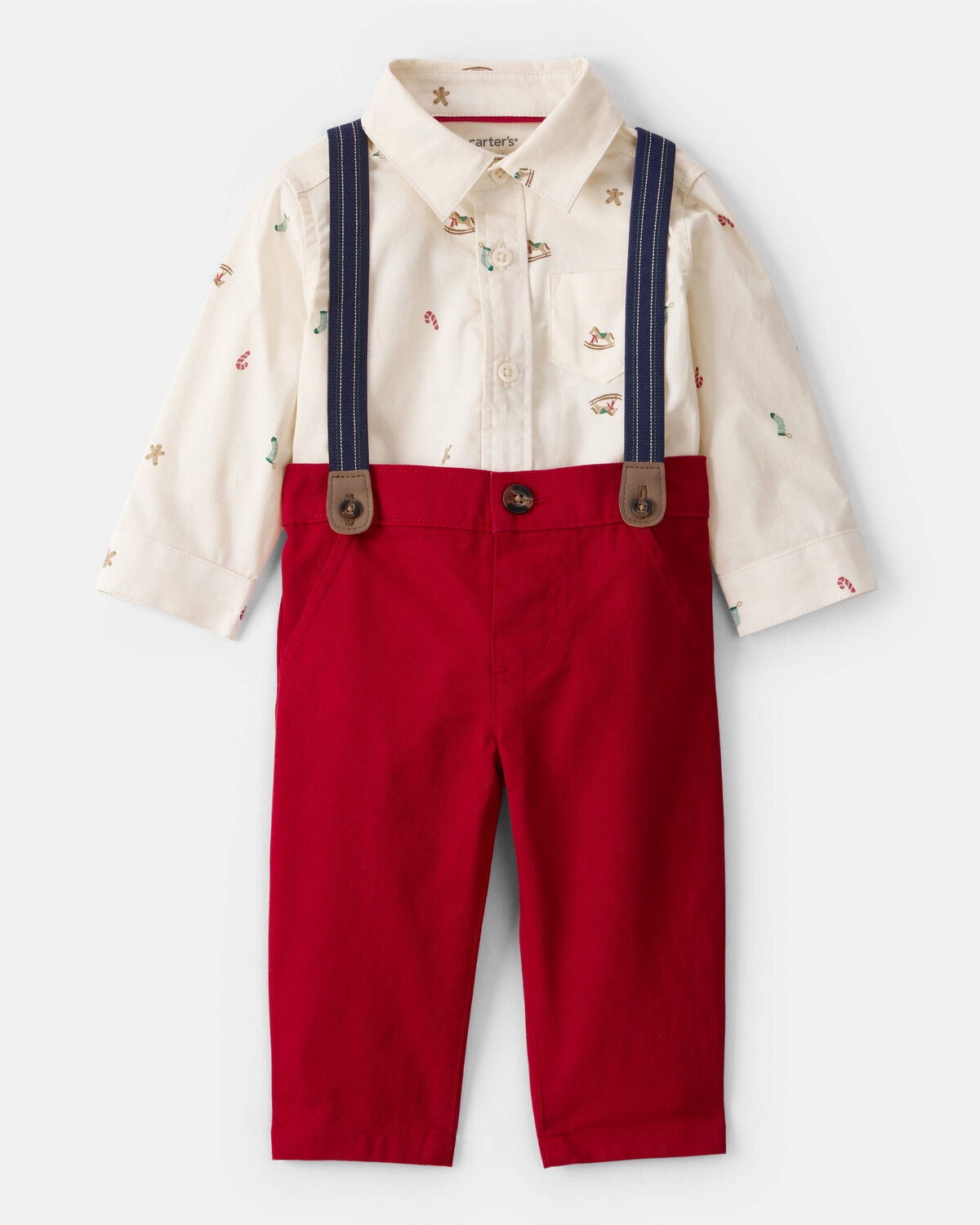 Baby Boy 3-Piece Holiday Print Cotton Long-Sleeve Shirt & Suspender Pant Set